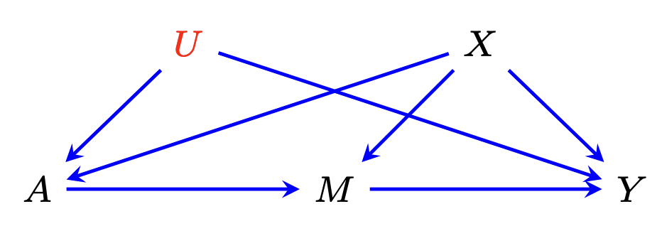 The front-door DAG with unmeasured confounders \(U\) between \(A\) and \(Y\)
