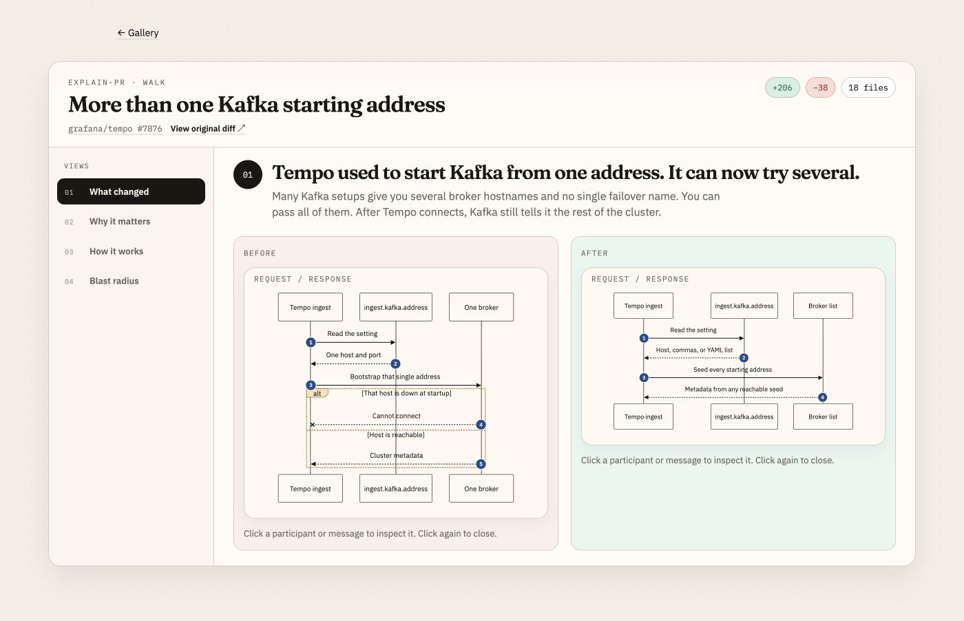 Before and after sequence: one Kafka seed versus a list of brokers