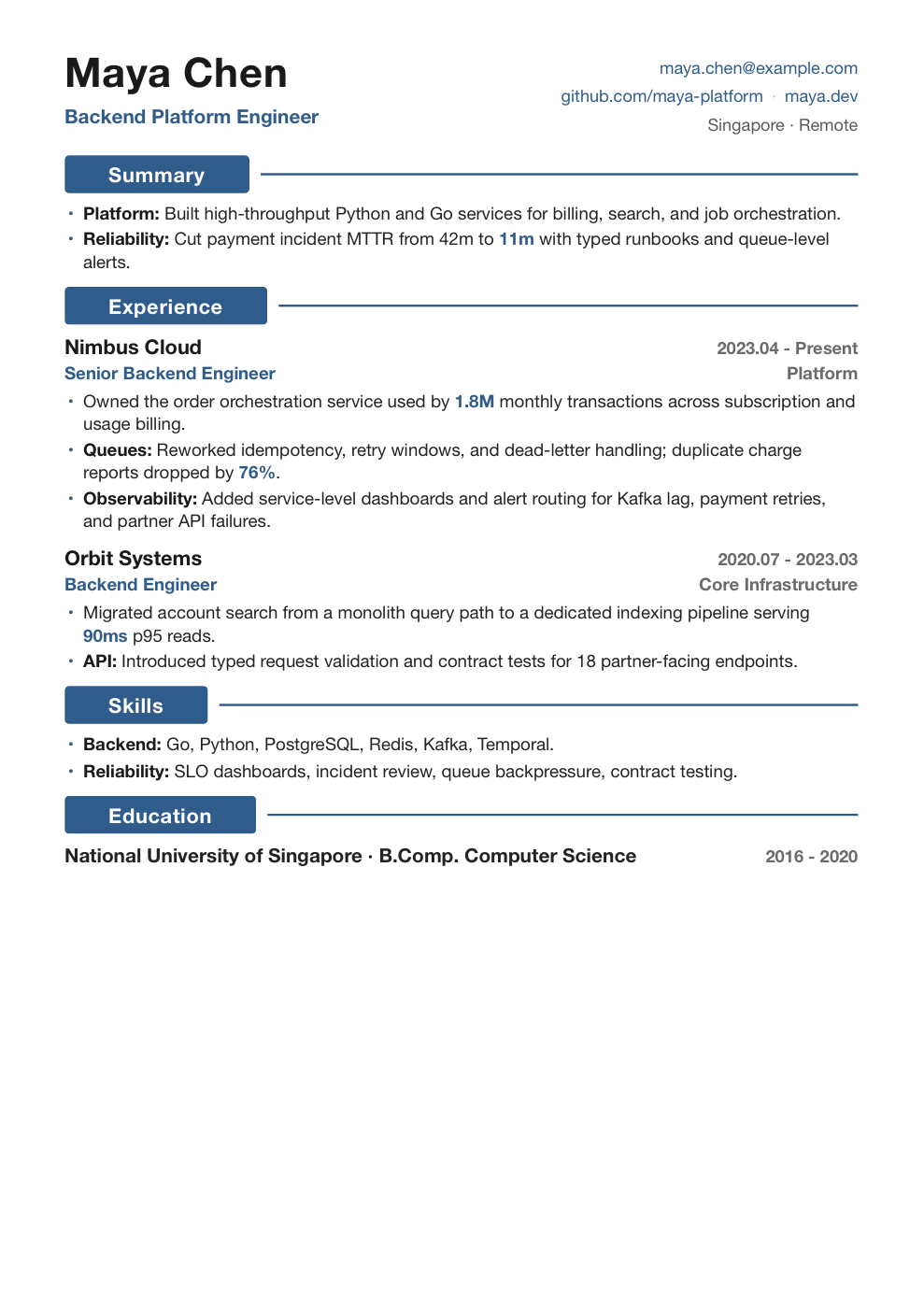 Backend platform engineer resume demo