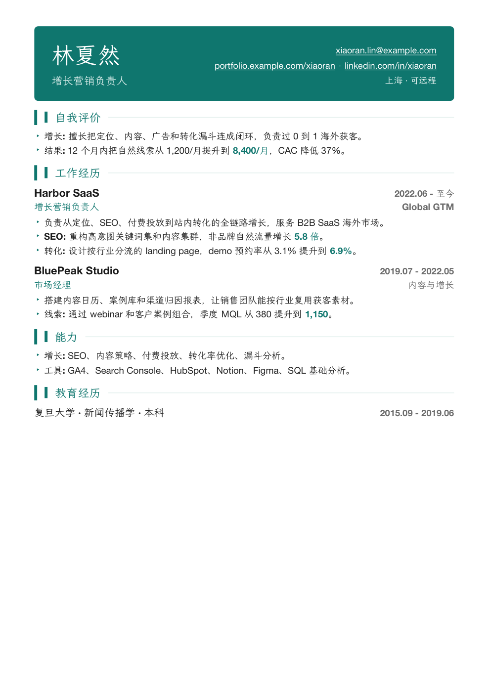 增长营销负责人简历样张