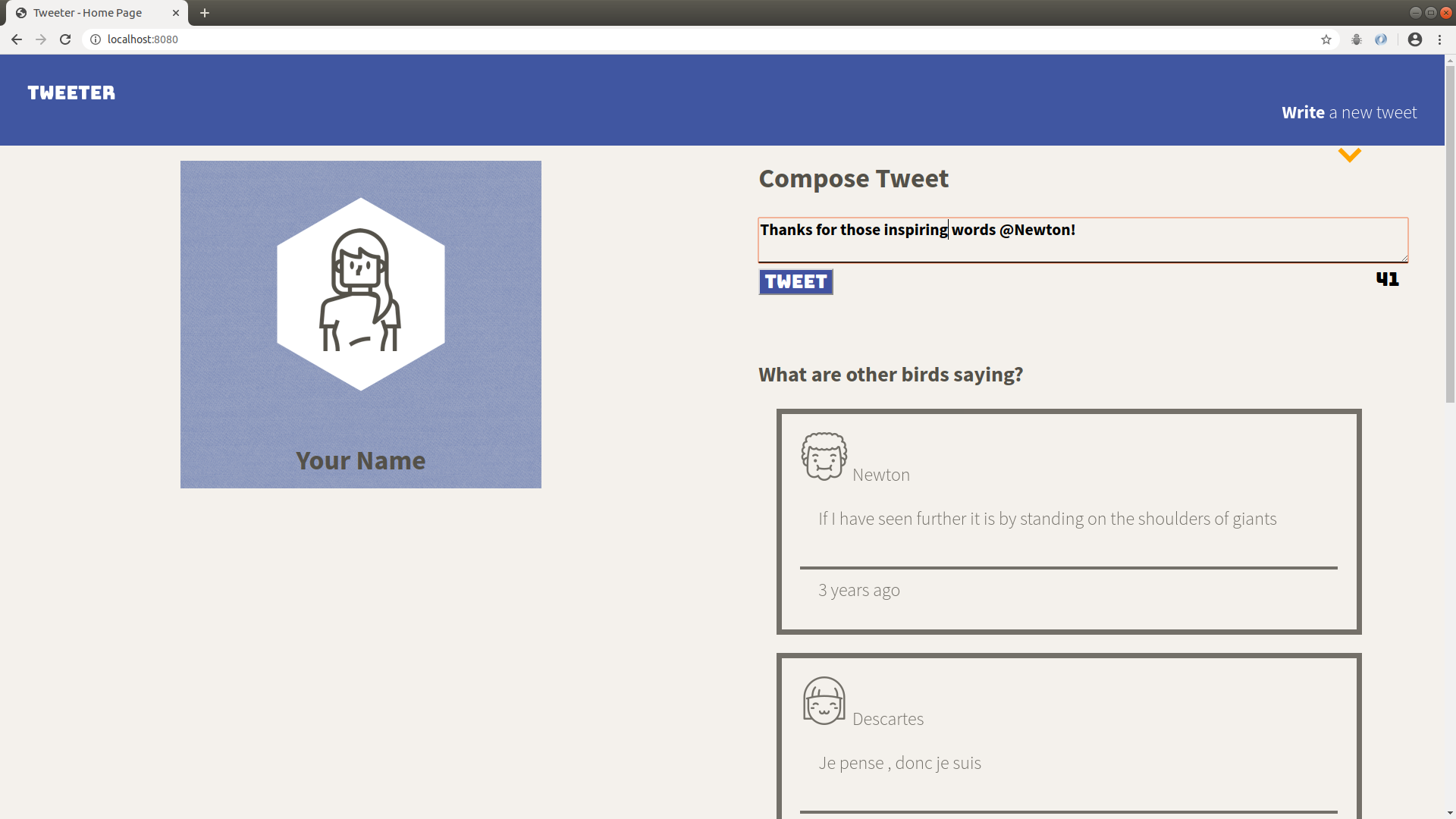 Overview of the one-pager: drafting a Tweet, seeing your account, and seeing other users's Tweets