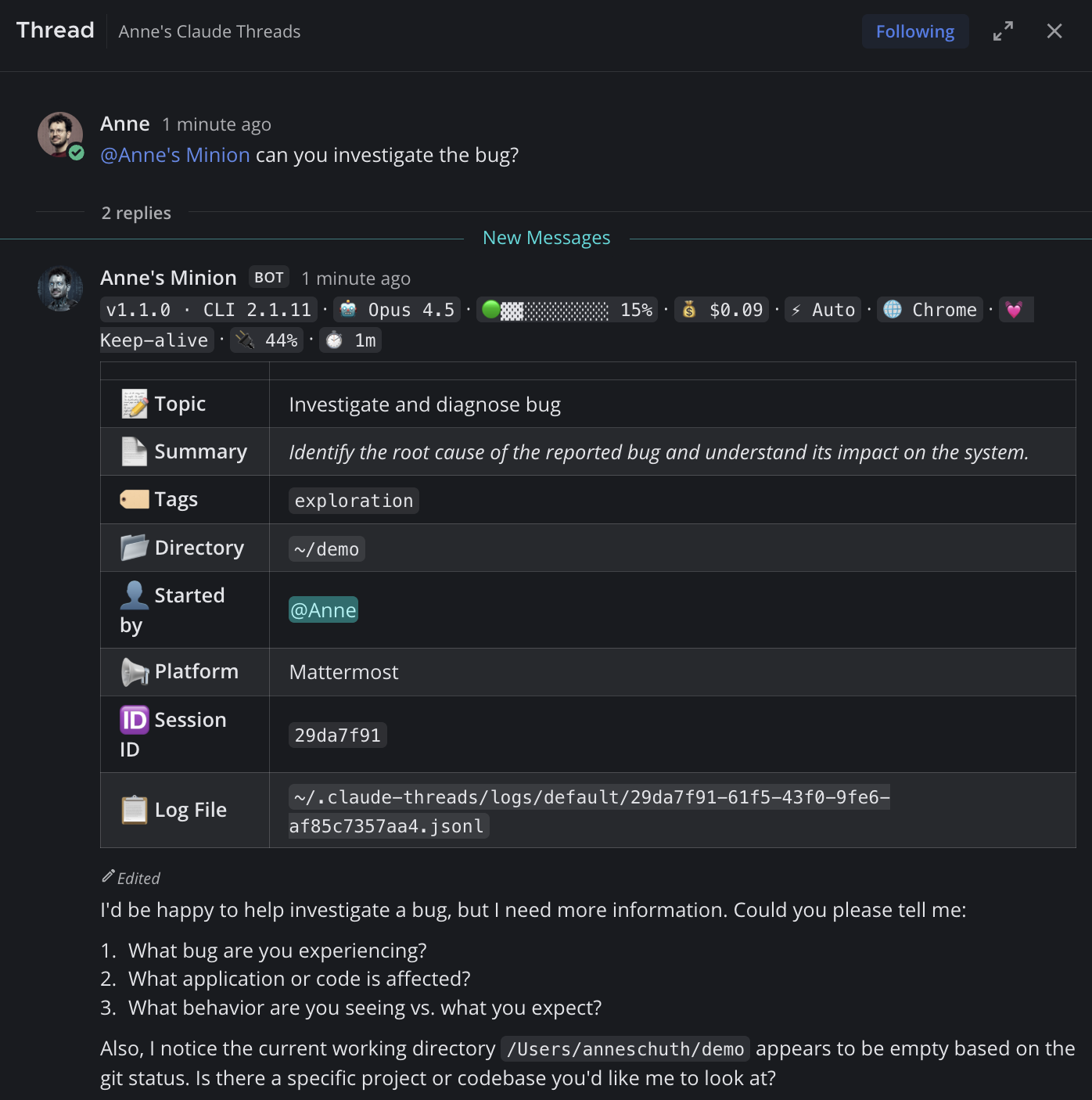 The same bot in a Mattermost thread, showing the session header table and Claude's reply