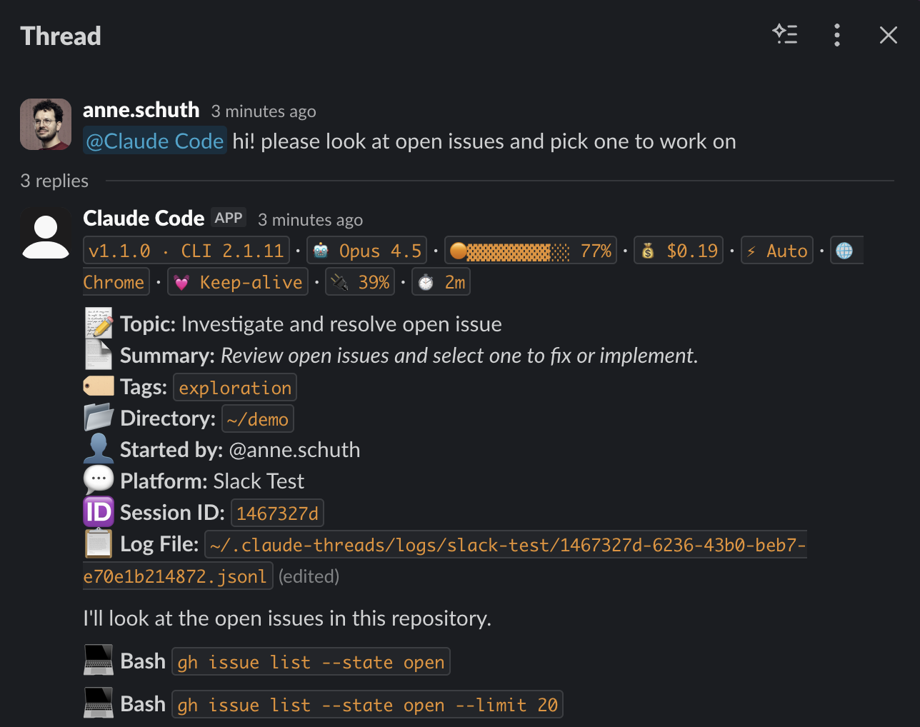 A Claude Code session streaming into a Slack thread, with session header badges and live tool output