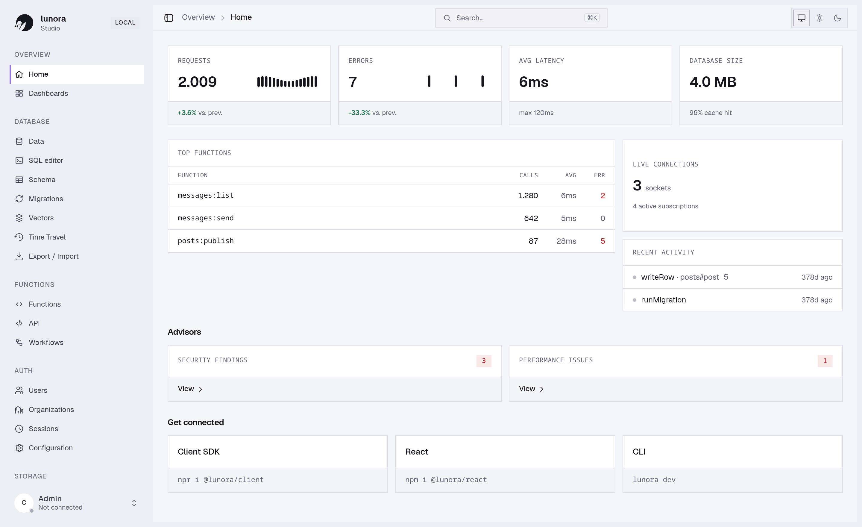 Lunora Studio — the local admin UI for your schema, data, functions, and advisors