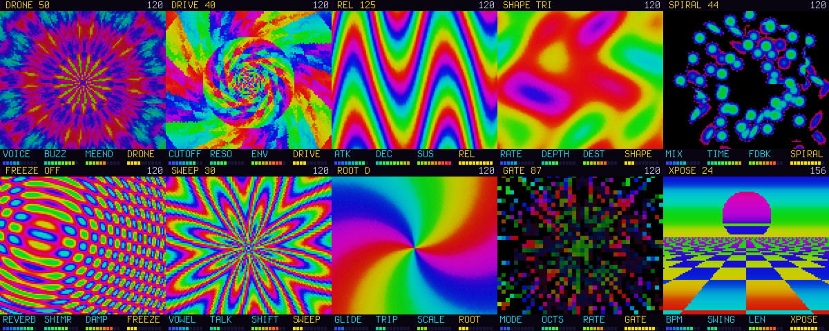 Ten TripDeck screens in a grid: kaleidoscope, tunnel, rainbow waves, plasma, spiral echo, ripples, rose window, galaxy, starfield and a chequered horizon, each with four parameter labels