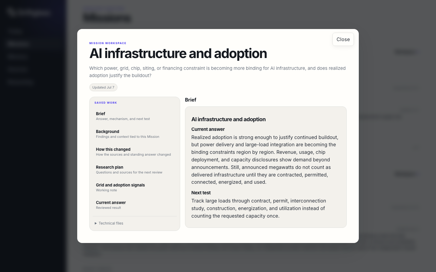 The AI infrastructure Mission workspace with its current files