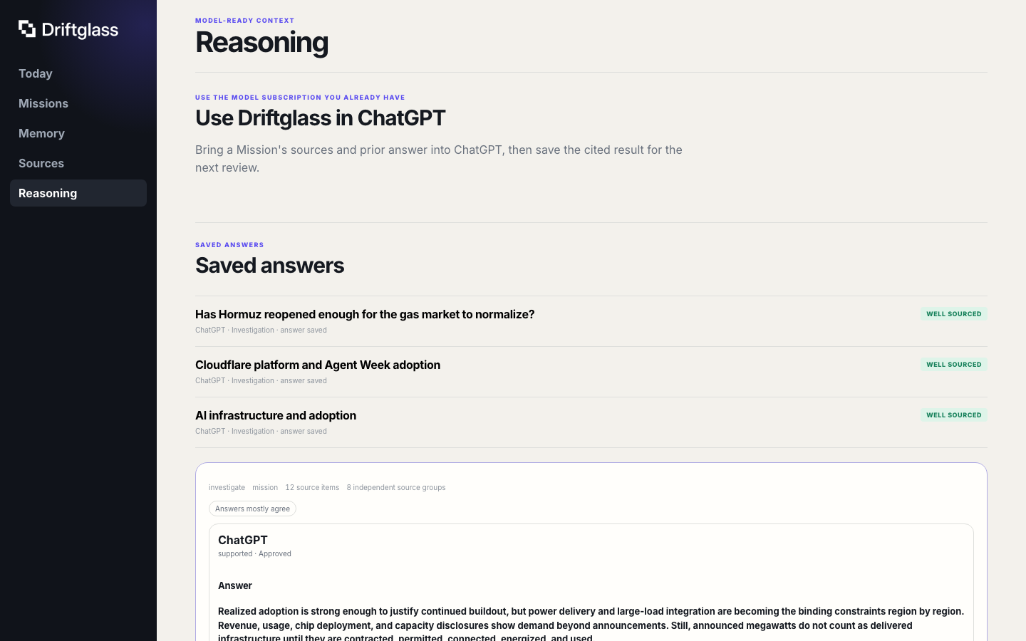 Driftglass keeping an AI infrastructure answer connected to its supporting evidence