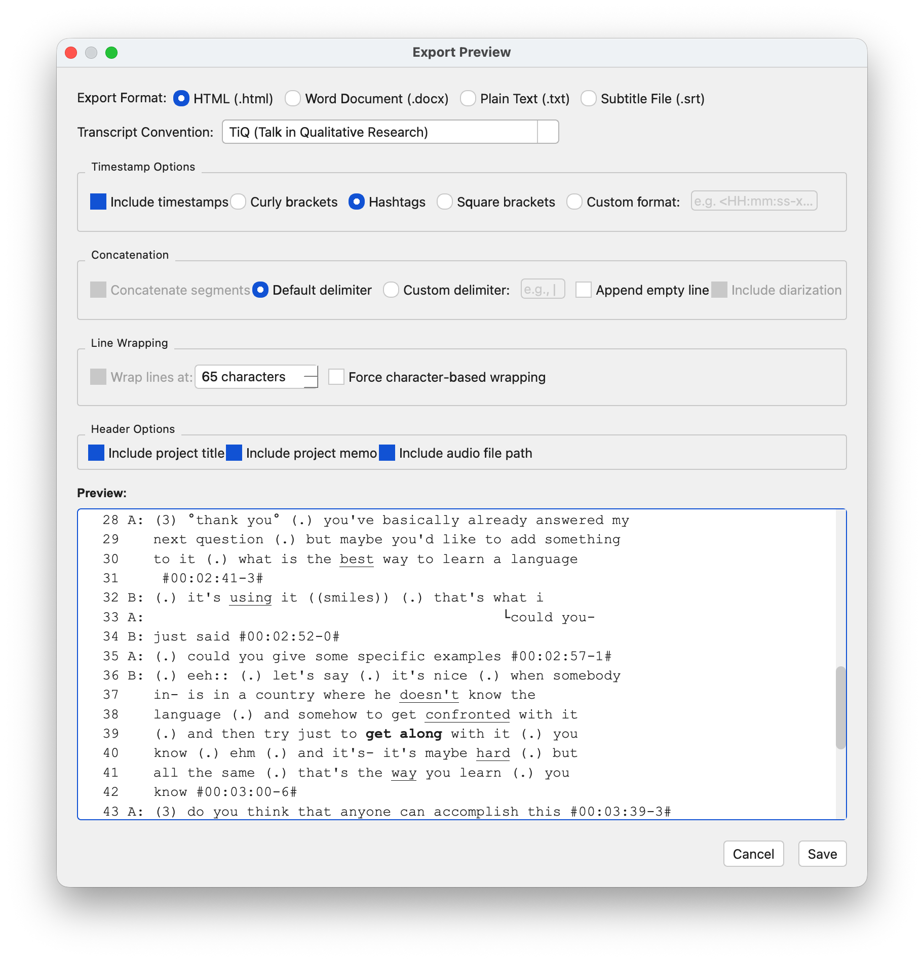 Export dialog