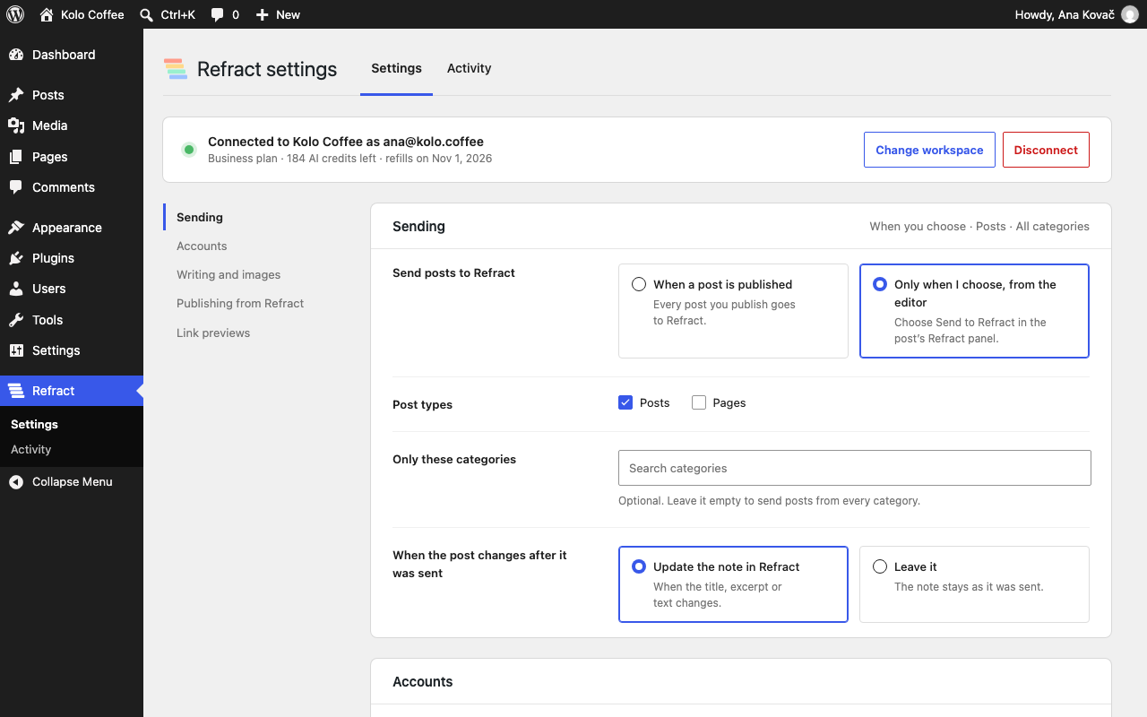 The settings page