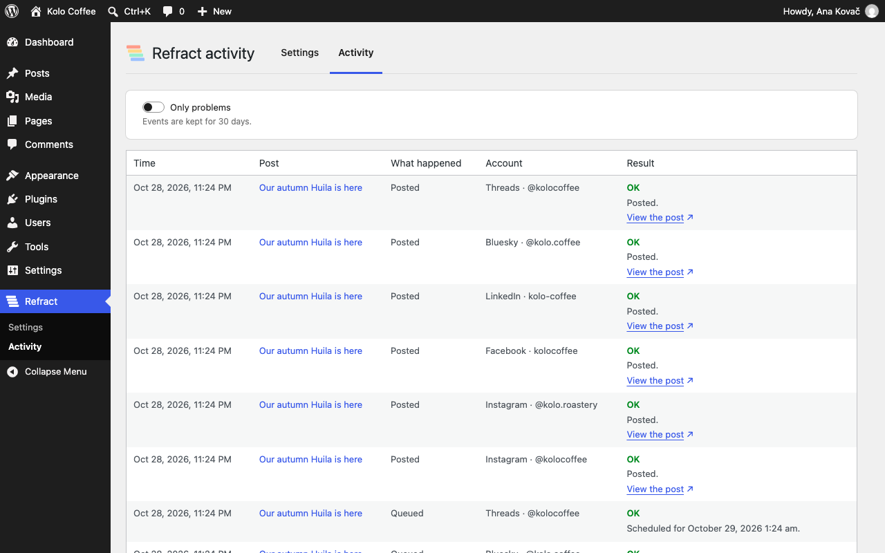 The Activity page