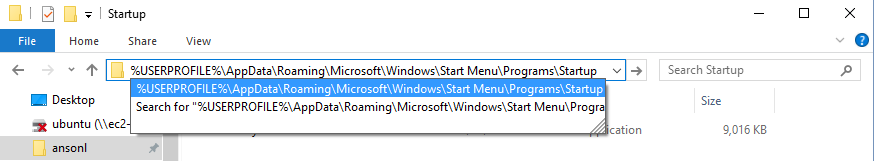 Windows 10 Explorer User Startup Folder Navigation