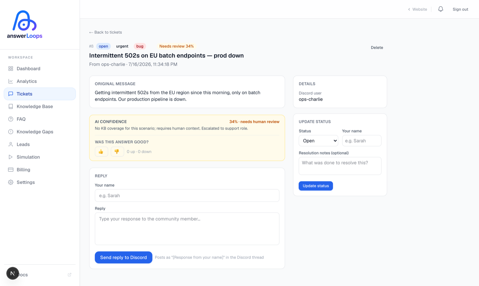 AnswerLoops ticket detail with AI confidence review, evidence, and human escalation