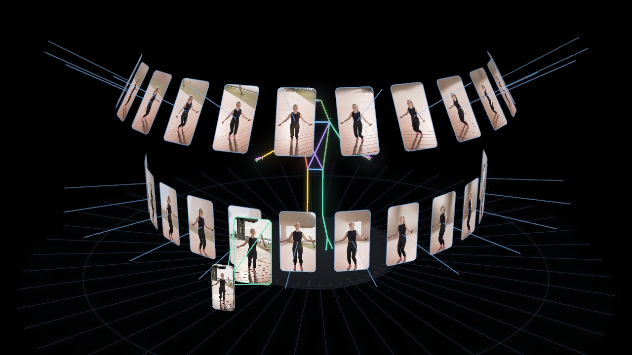 Twenty-four target cameras distributed over two pitch layers along the frontal 180-degree arc