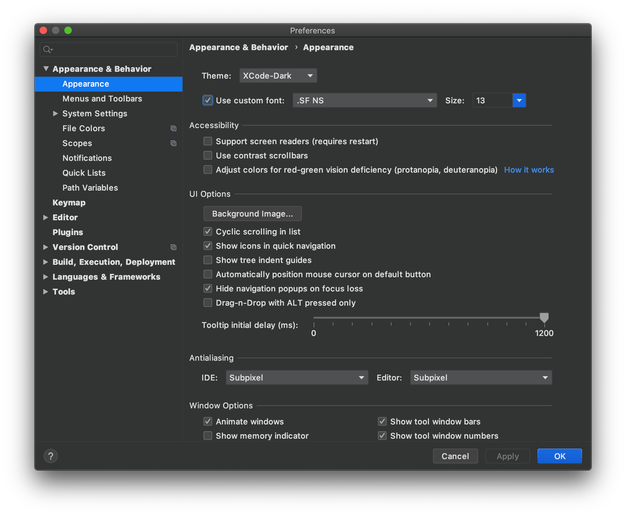 screenshot: settings