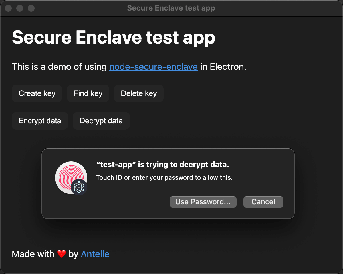 node-secure-enclave screenshot: test app