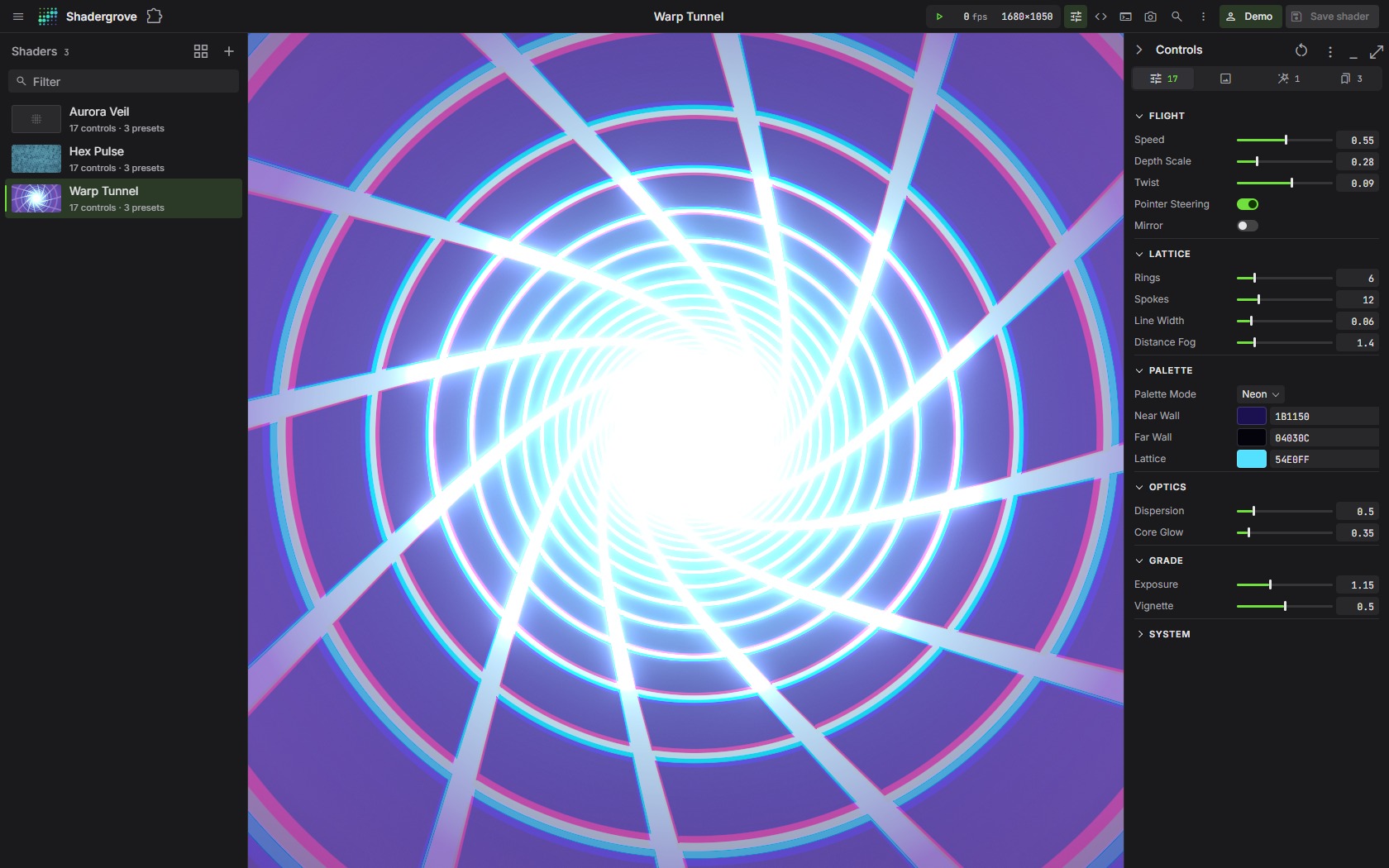 Shadergrove workspace: a live Warp Tunnel shader with generated controls for flight, lattice, palette, and optics