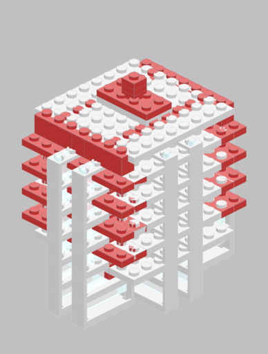 now, a skyscraper, in silver and red, with big windows