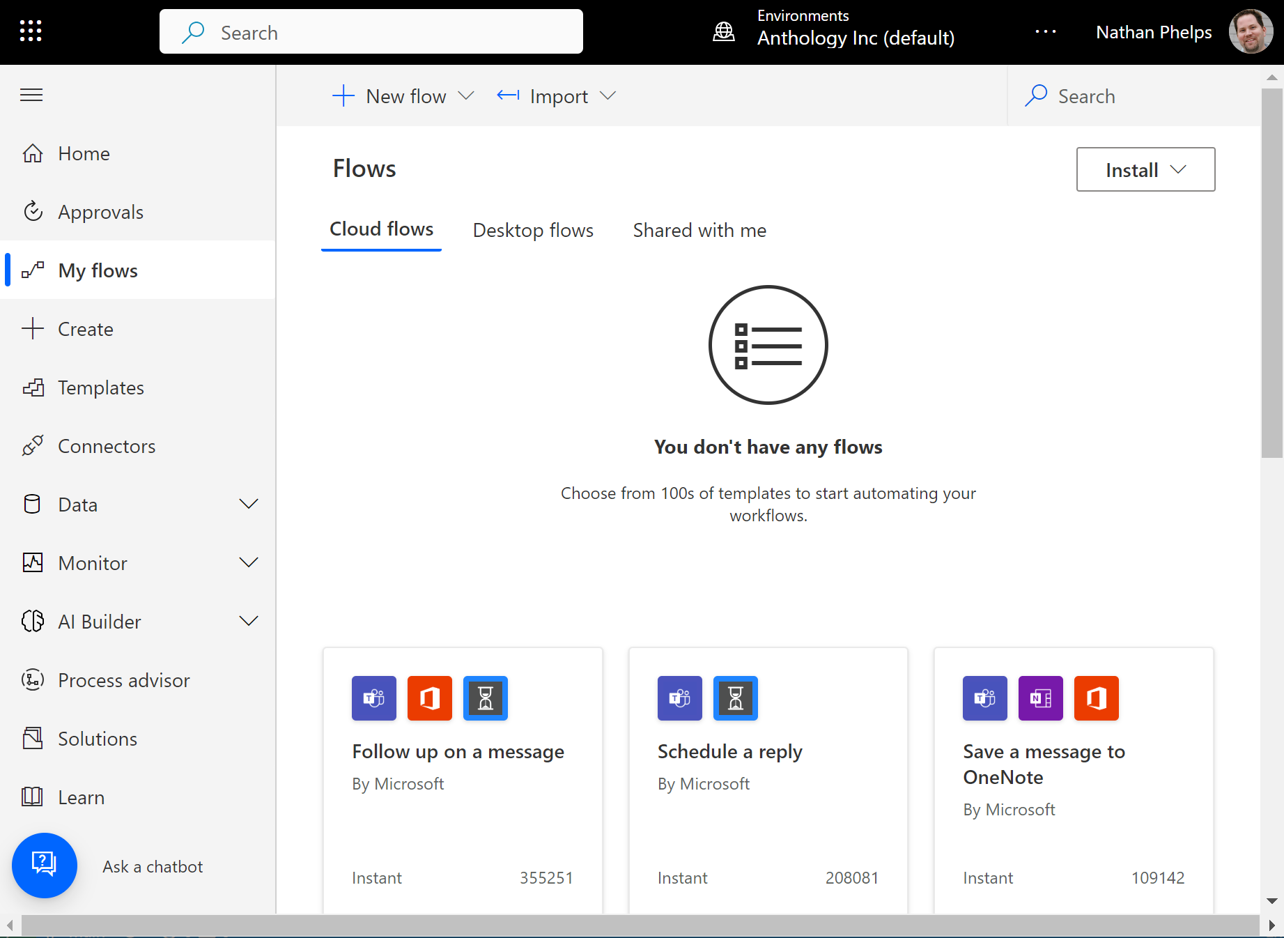 Screenshot of the Power Automate Dashboard