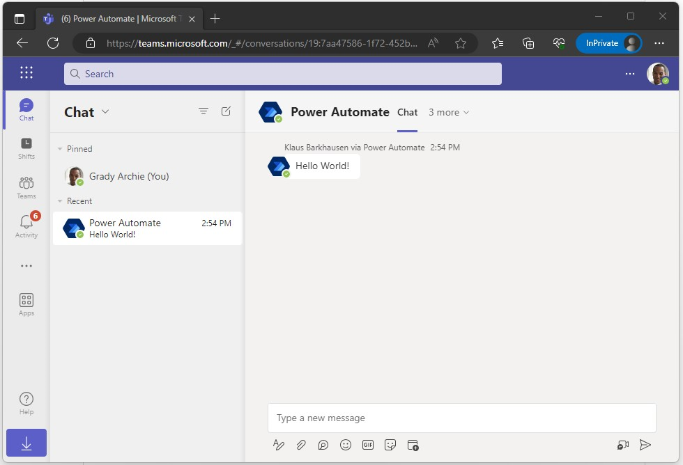 Screenshot of a Teams message received using Edge browser logged into a Sandbox user account