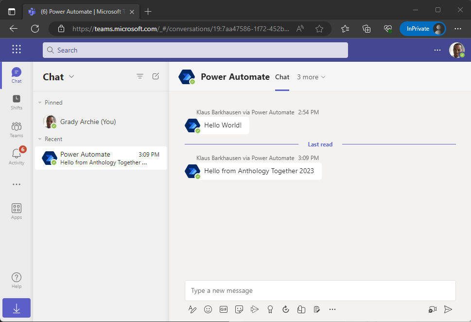 Screenshot of a Teams message received using Edge browser logged into a Sandbox user account.