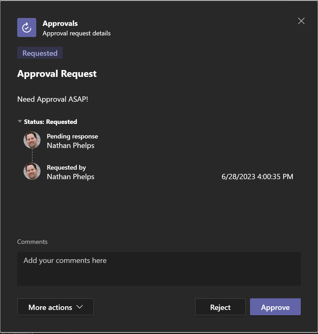 Screenshot of the Teams approval dialog