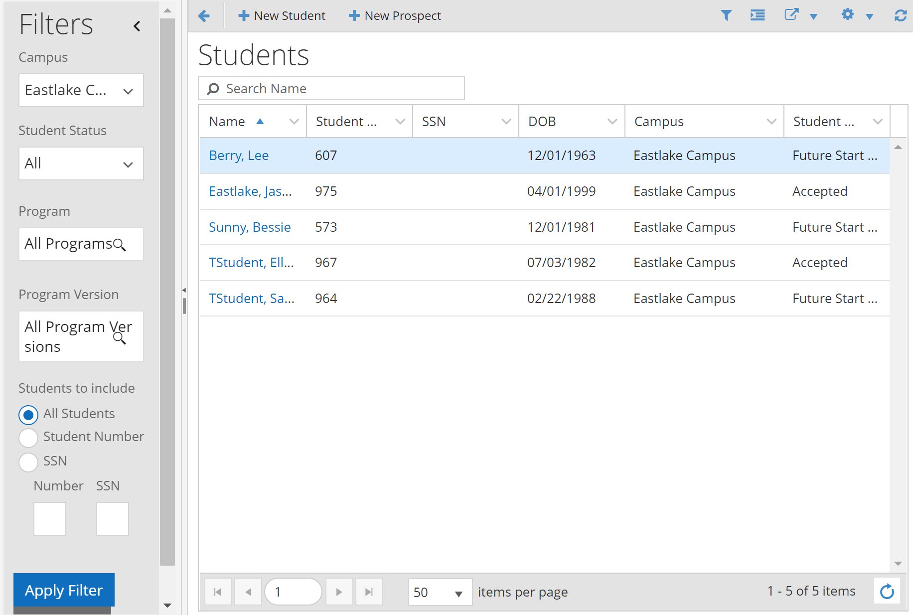 Screenshot of the student list