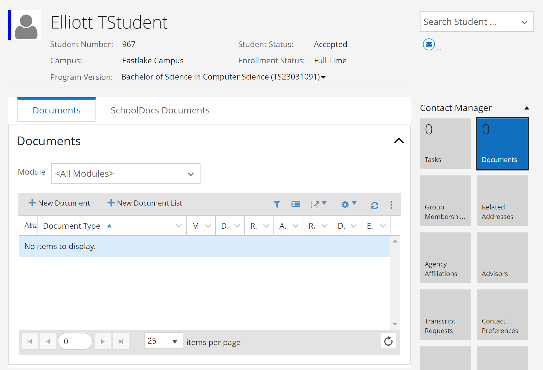 Screenshot of the student document list