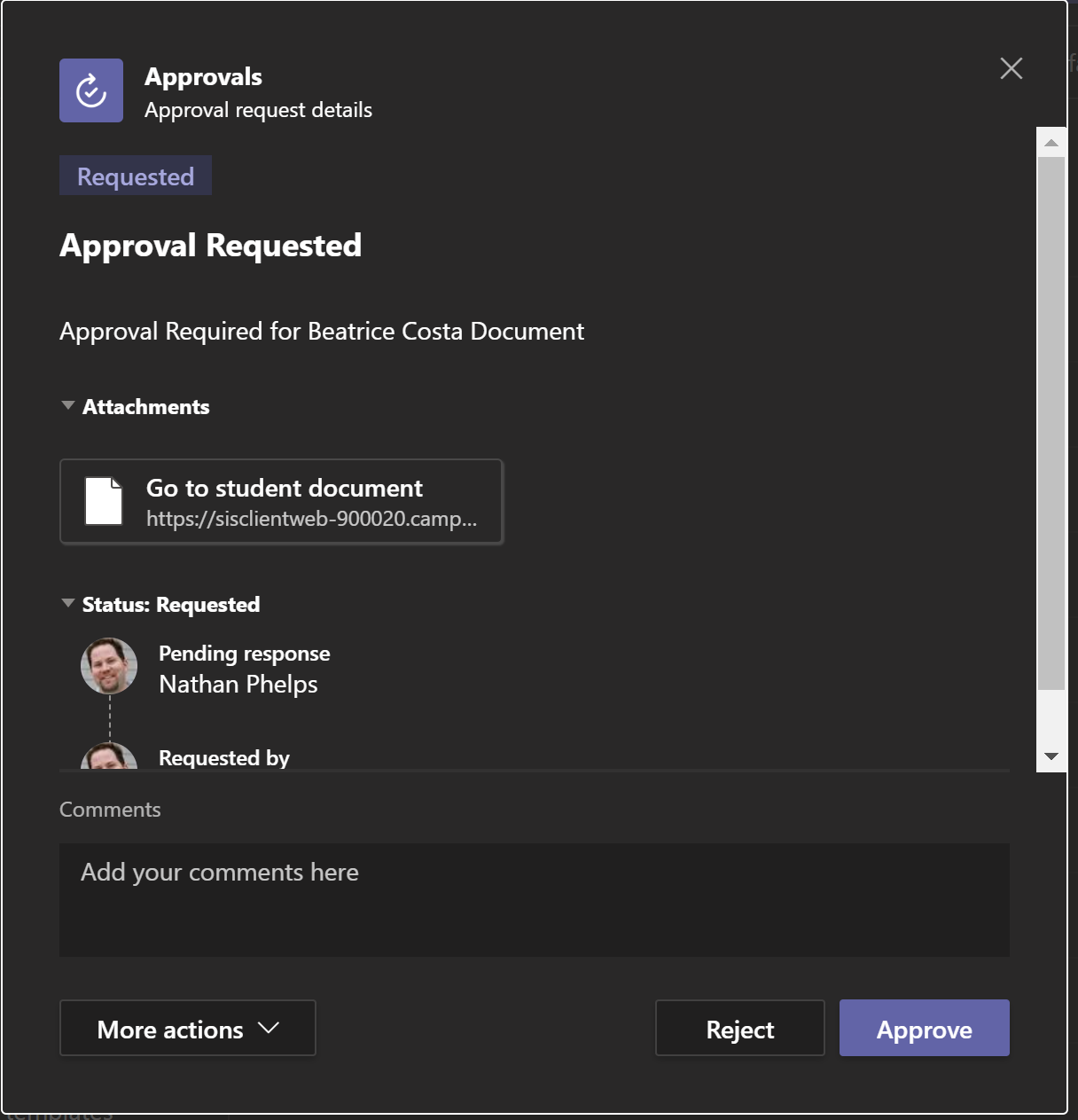 Screenshot of the updated approval request