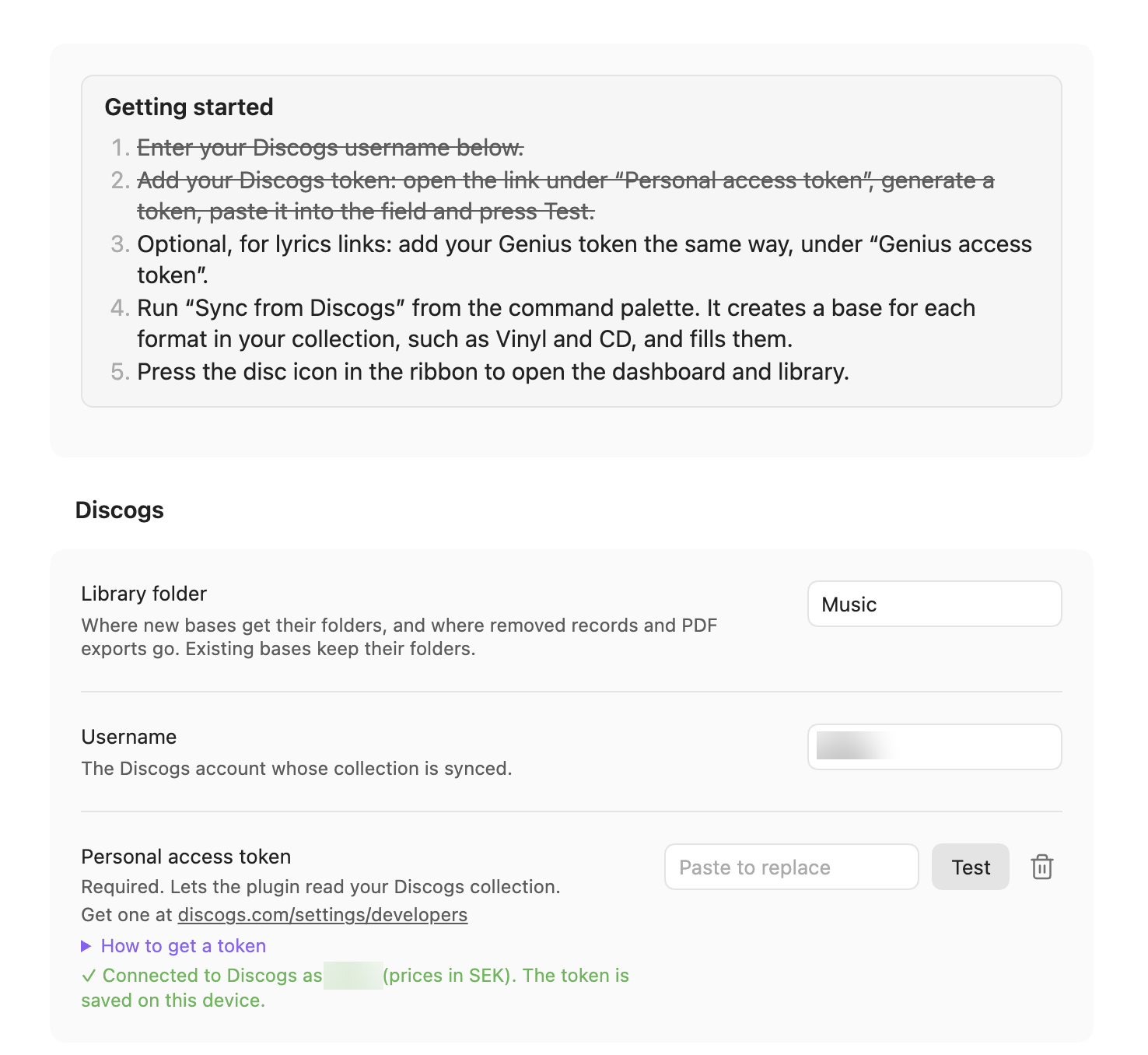 Getting started in settings, with steps crossed out and a Discogs token tested