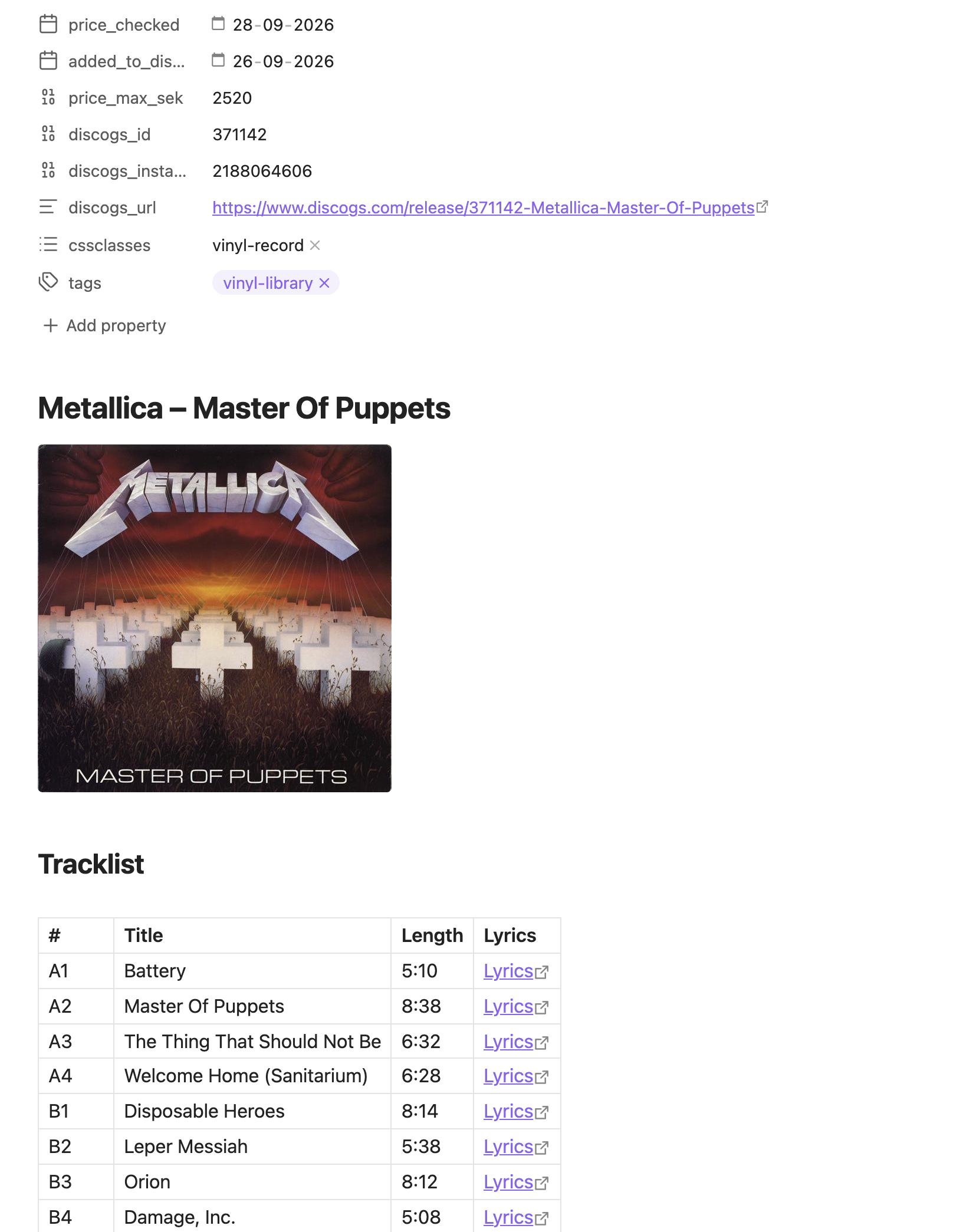 A record note in reading view: cover, properties and tracklist with lyrics links