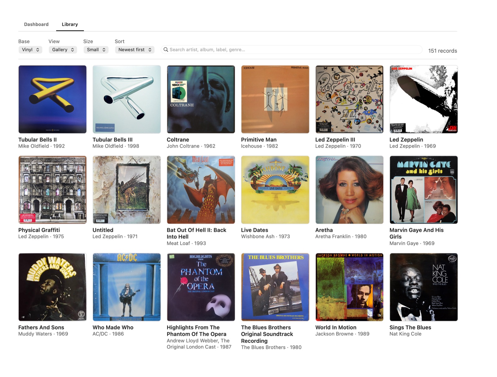 The Library tab: a gallery of covers, with base, view, size and sort