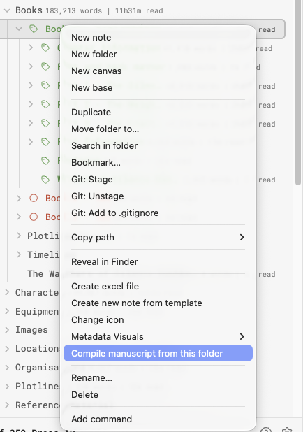 Compile manuscript from this folder in the Obsidian File Explorer context menu