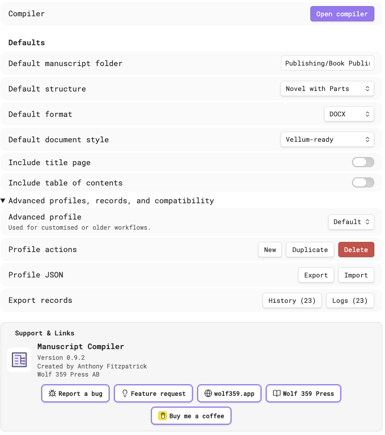 Manuscript Compiler settings with defaults, advanced options, support links, and the Open compiler button