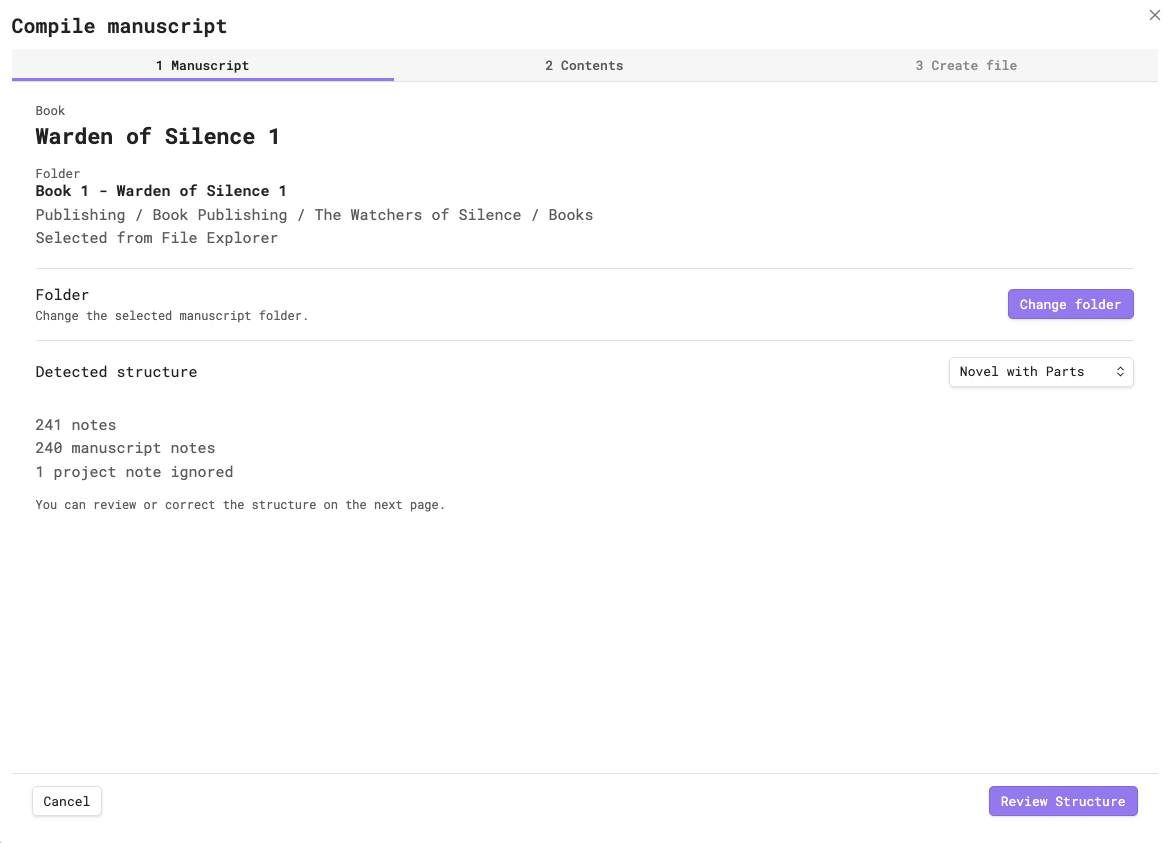 The Manuscript stage showing the selected book folder, detected structure, scan summary, and Review Structure action
