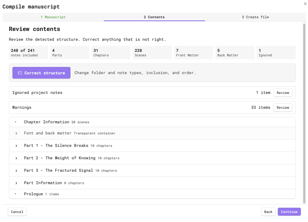The Contents stage showing detected counts, review controls, and the collapsed manuscript outline