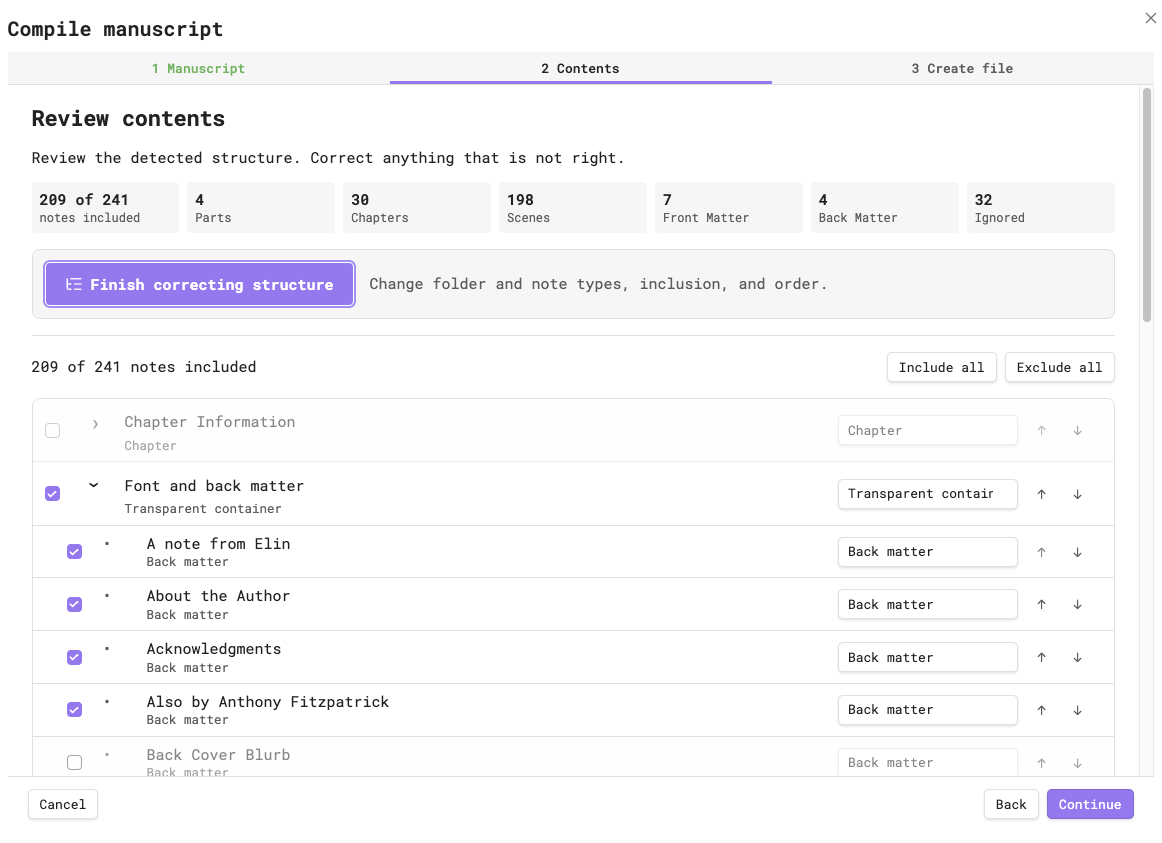 Correction mode showing inclusion checkboxes, folder disclosure, role selectors, and ordering controls