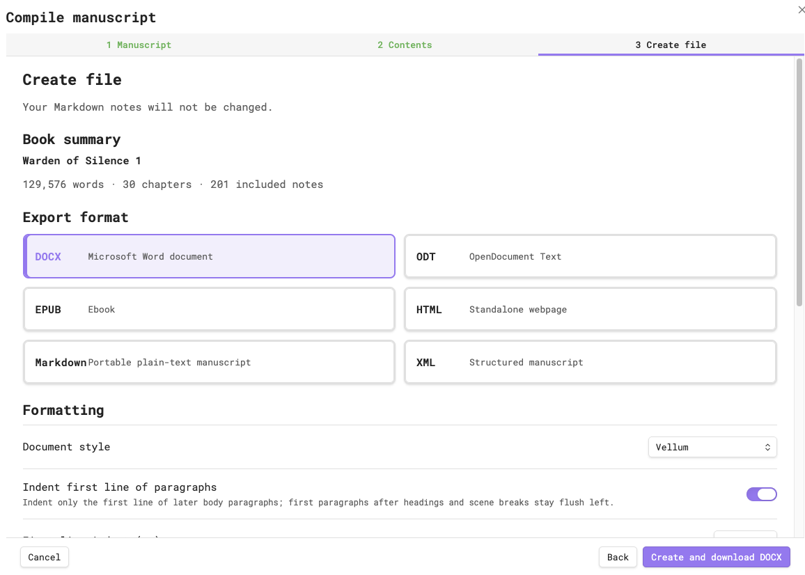 Manuscript Compiler Create file screen with a prepared book summary and six export formats