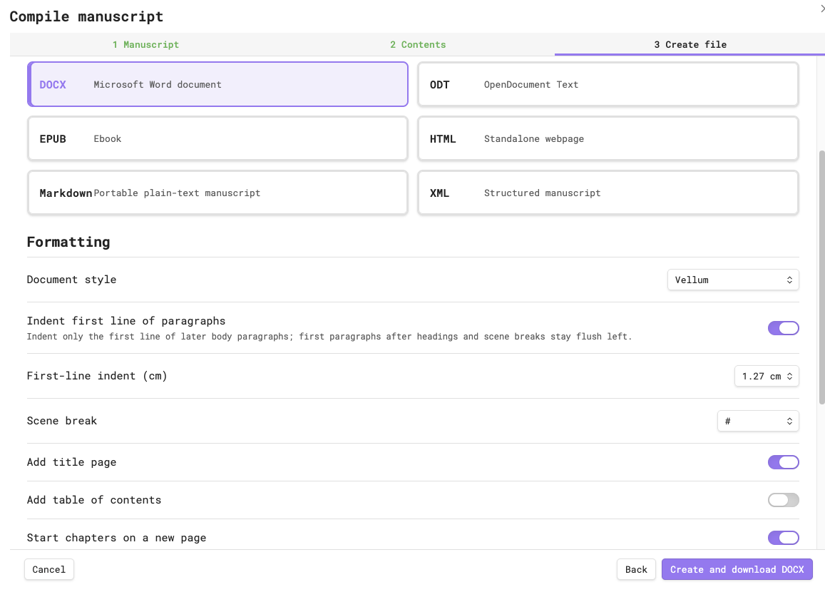 DOCX selected with document style, indentation, scene break, title page, table of contents, and chapter controls