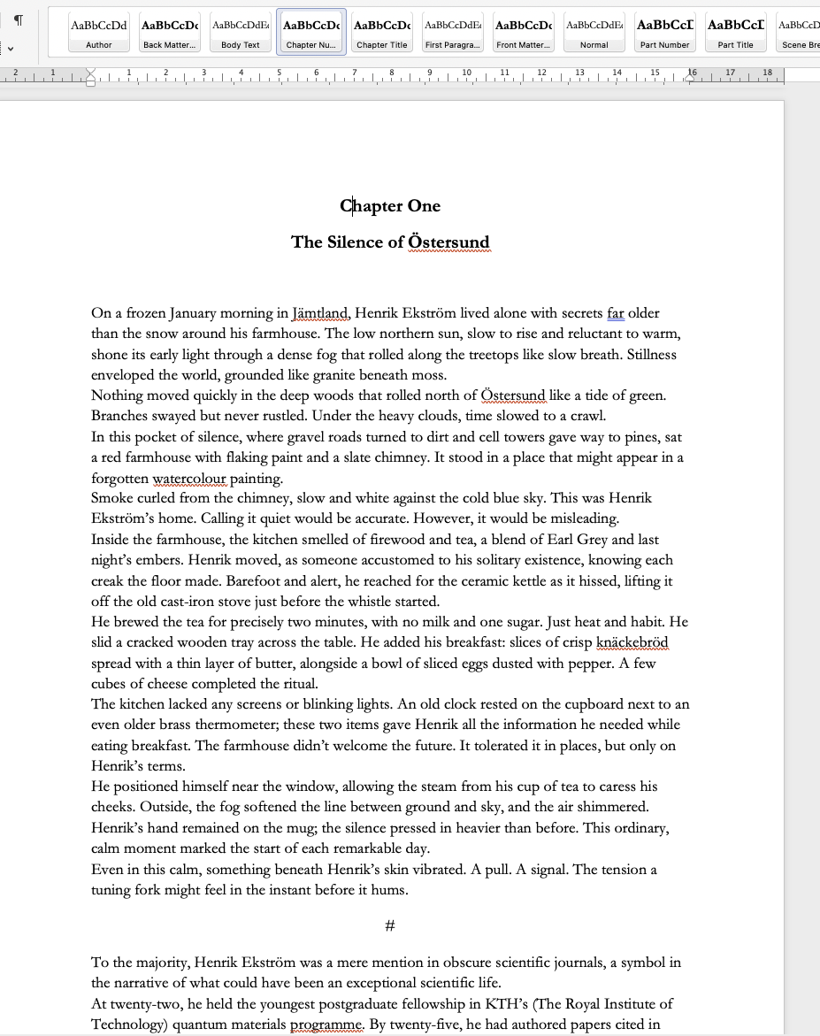 A compiled manuscript chapter open in Microsoft Word with named manuscript styles visible