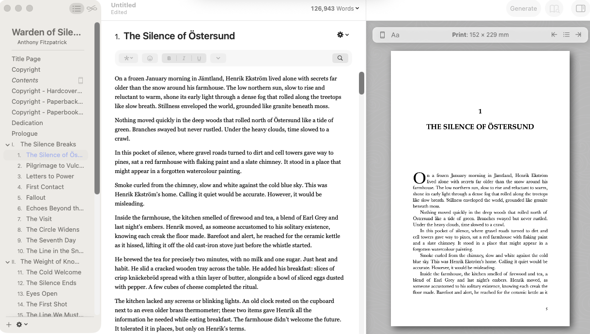 The compiled DOCX imported into Vellum with its book hierarchy and chapter preview visible