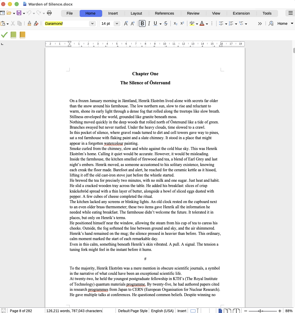 A compiled manuscript ODT chapter open in LibreOffice Writer