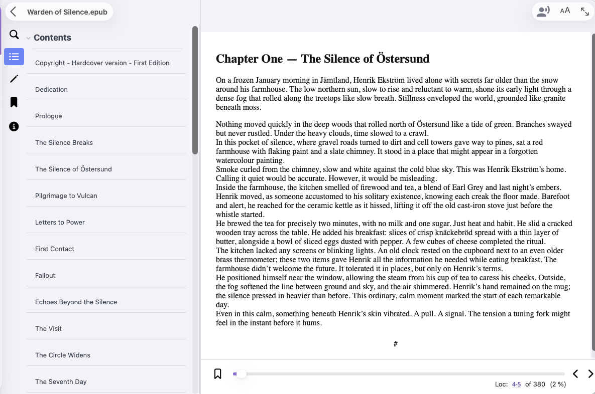 The compiled EPUB open in a reader with its contents navigation and chapter text visible