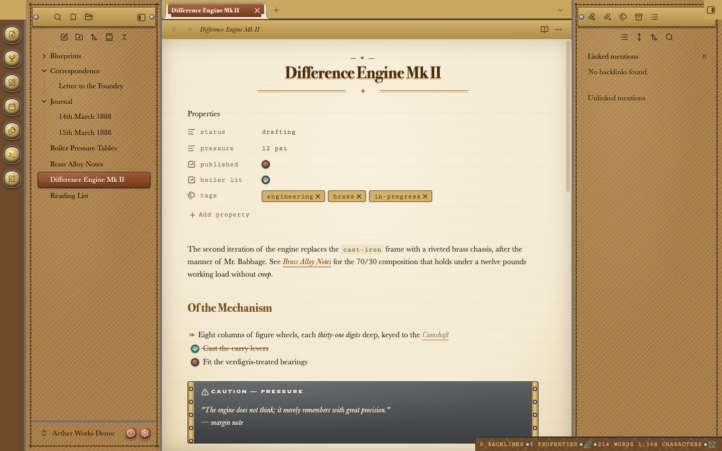 Aether Works in light mode. The same window in tan leather and cream parchment: a stitched tan leather file explorer, brass buttons, a dark brown centred title over a brass flourish, and the caution callout as a grey iron plate.