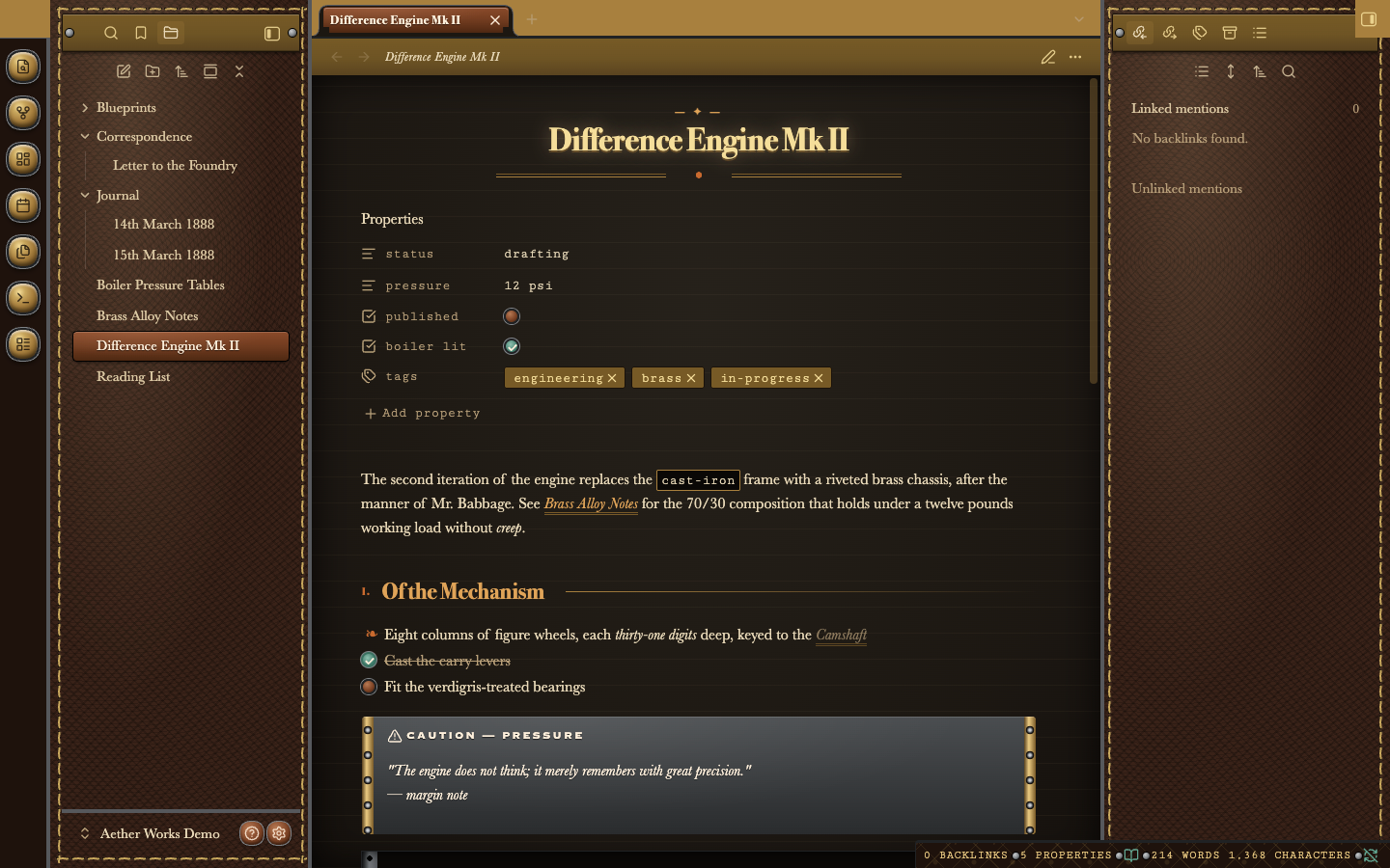 Reading view in dark mode, showing the second-level heading "Of the Mechanism" numbered with a Roman numeral "I." and followed by a thin brass rule running to the margin.