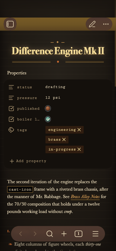 The theme on a phone in dark mode: a narrow screen with the gold note title on one line under a brass kicker and flourish, the properties, and the first paragraph above a floating navigation bar.