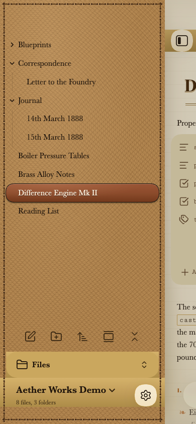 The file drawer on a phone in light mode: tan stitched leather with the folder tree, the open file as a copper plate, and a brass vault-name plate at the bottom.