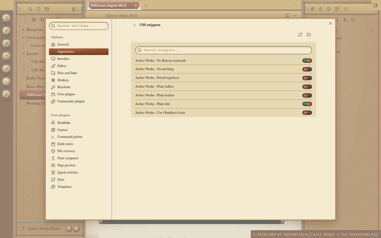 Obsidian's CSS snippets settings page listing the seven Aether Works snippets, including "Period typefaces", each with an on/off toggle; "No Roman numerals" and "Plain title" are switched on, shown as green toggles.