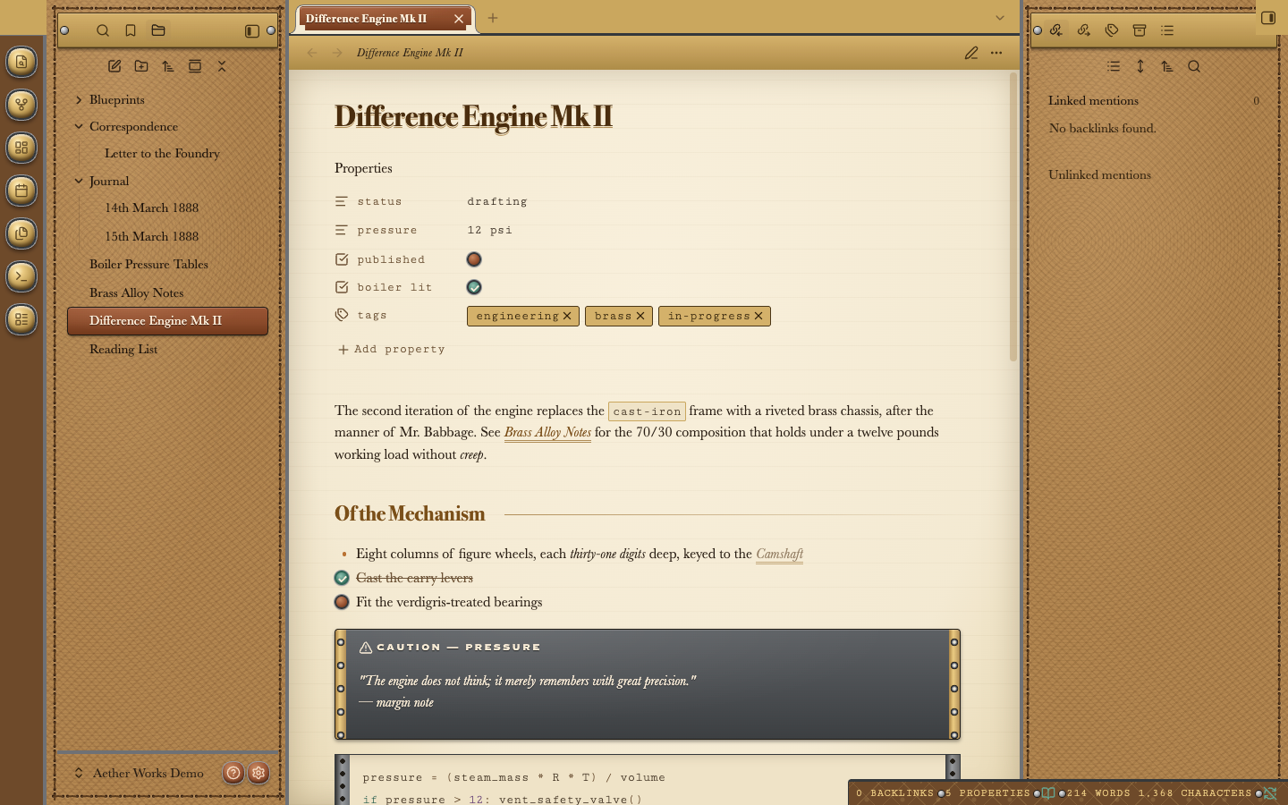 The same note in light mode with options switched on: the title is left-aligned with no kicker or flourish, "Of the Mechanism" has no Roman numeral, and the list uses an ordinary round bullet instead of a fleuron.