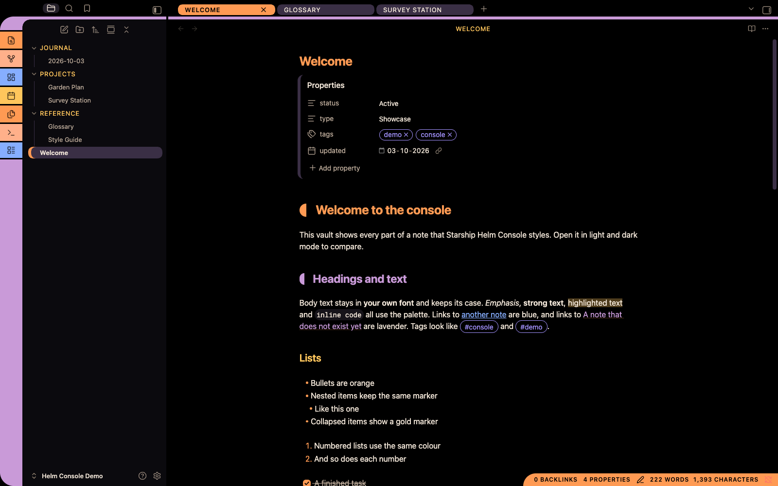 Starship Helm Console in dark mode: the segmented ribbon, file explorer, pill tabs and a note with heading caps