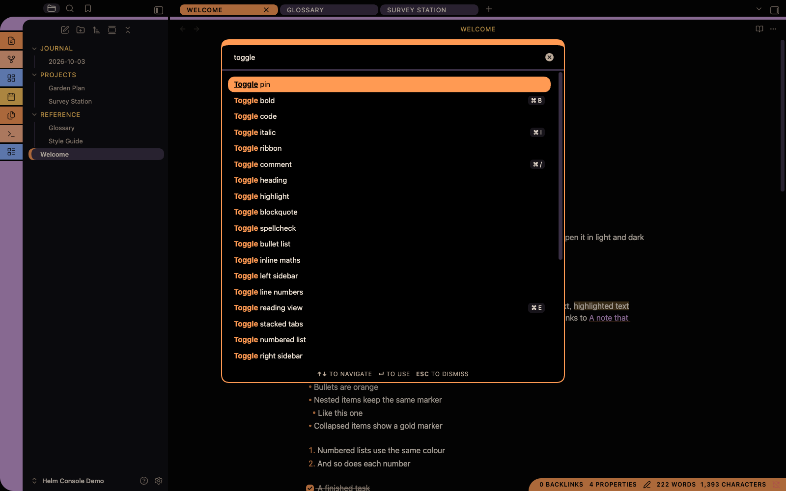 Command palette in dark mode